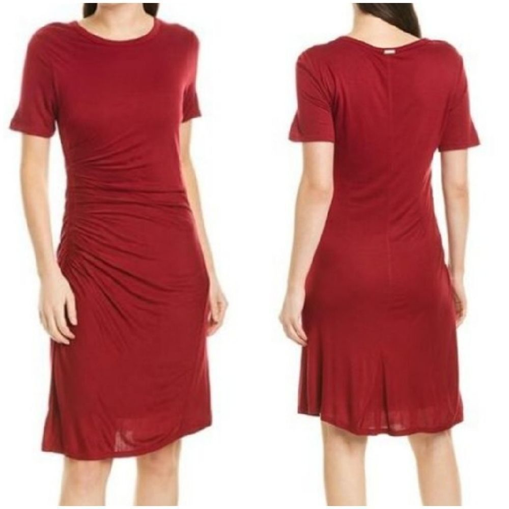 Tahari Women's Maroon Crew Neck Shift Casual Midi Dress Size M